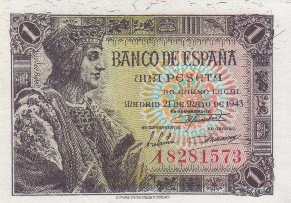 1 peseta 1943 from Spain, P-126 (1943) — image 1