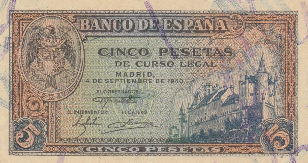 5 pesetas 1940 from Spain, P-123 (1940) — image 1