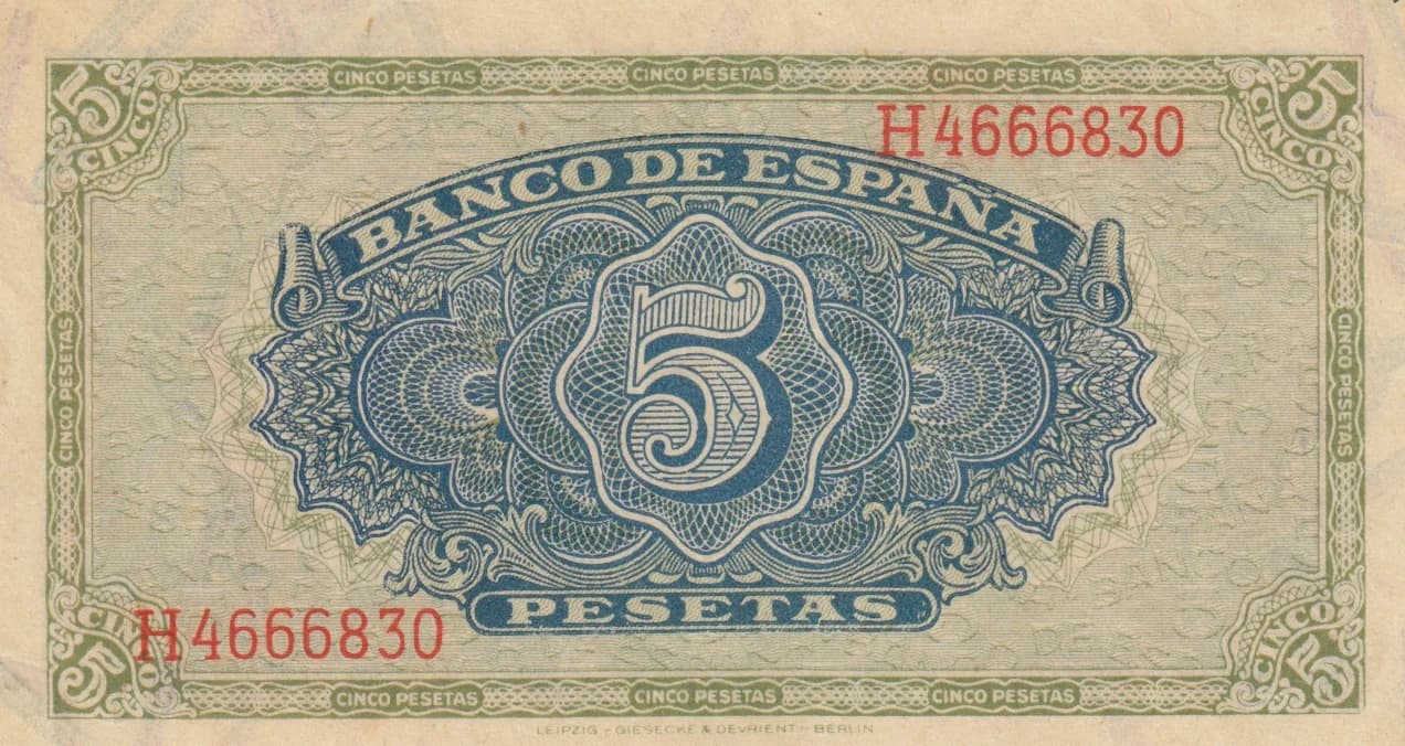 5 pesetas 1940 from Spain, P-123 (1940) — image 2