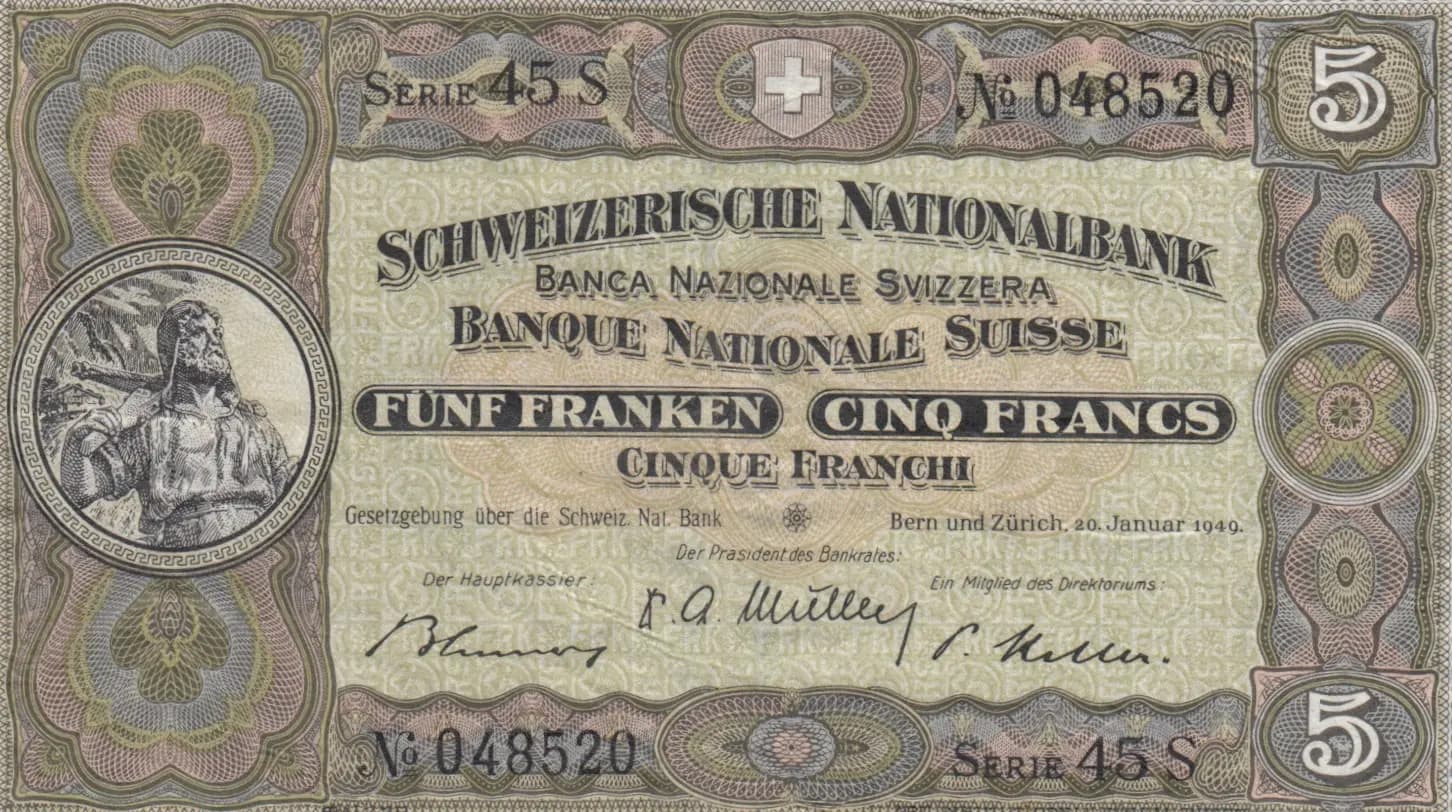 5 francs 1949 from Switzerland, P-11n (1949) — image 1