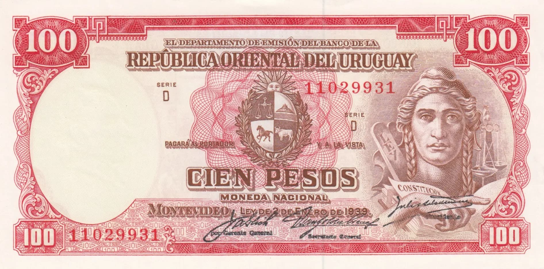 100 pesos 1939 from Uruguay, P-39c (1939) — image 1