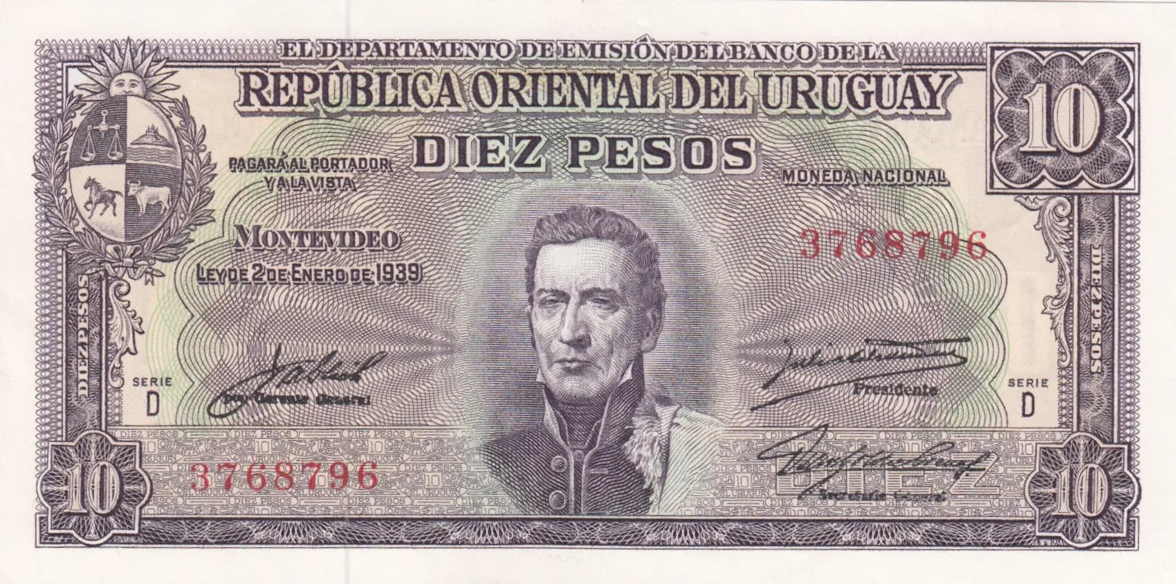 10 pesos 1939 from Uruguay, P-37d (1939) — image 1