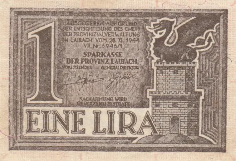 1 lira 1944 from Yugoslavia, P-R17 (1944) — image 1